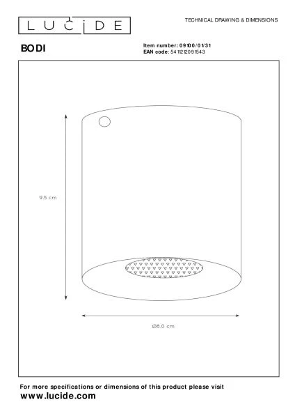 Lucide BODI - Spot plafond - Ø 8 cm - 1xGU10 - Blanc - TECHNISCH